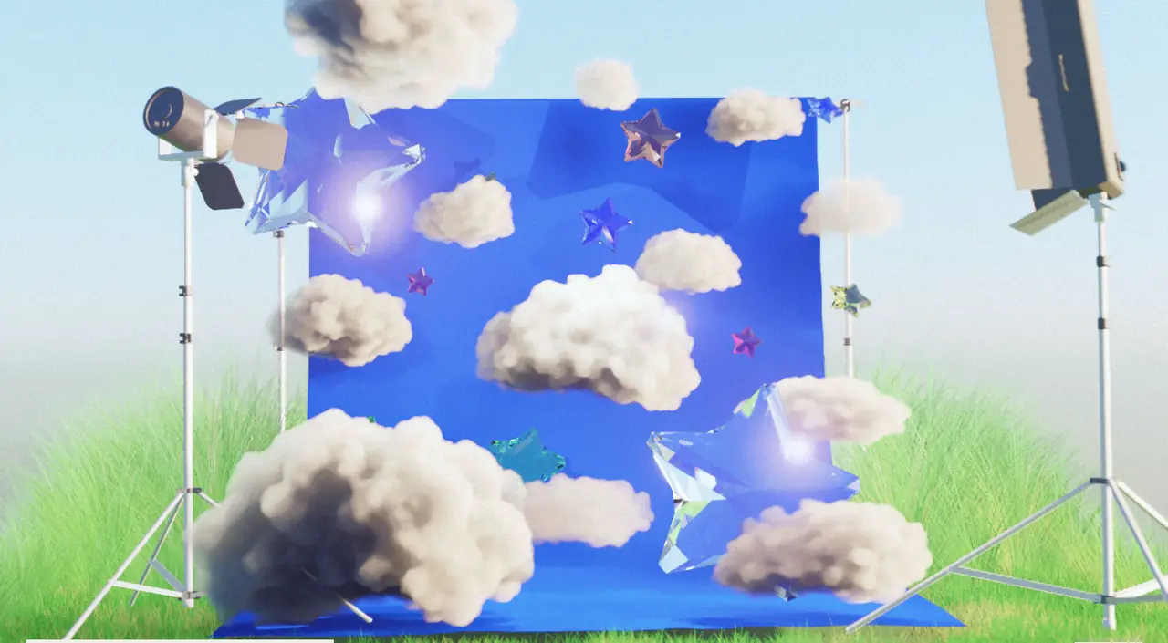 NONAME's Cloud rendered live in the browser: clouds, stars and studio lights on a blue backdrop